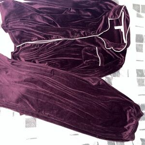 Velvet Pajama Set with Contrast Piping - Deep Plum